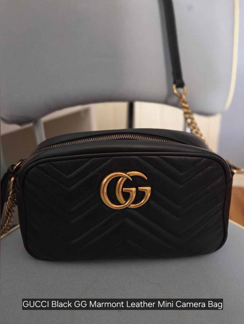 AUTHENTIC Gucci Black GG Marmont Leather Mini Camera Bag Like New